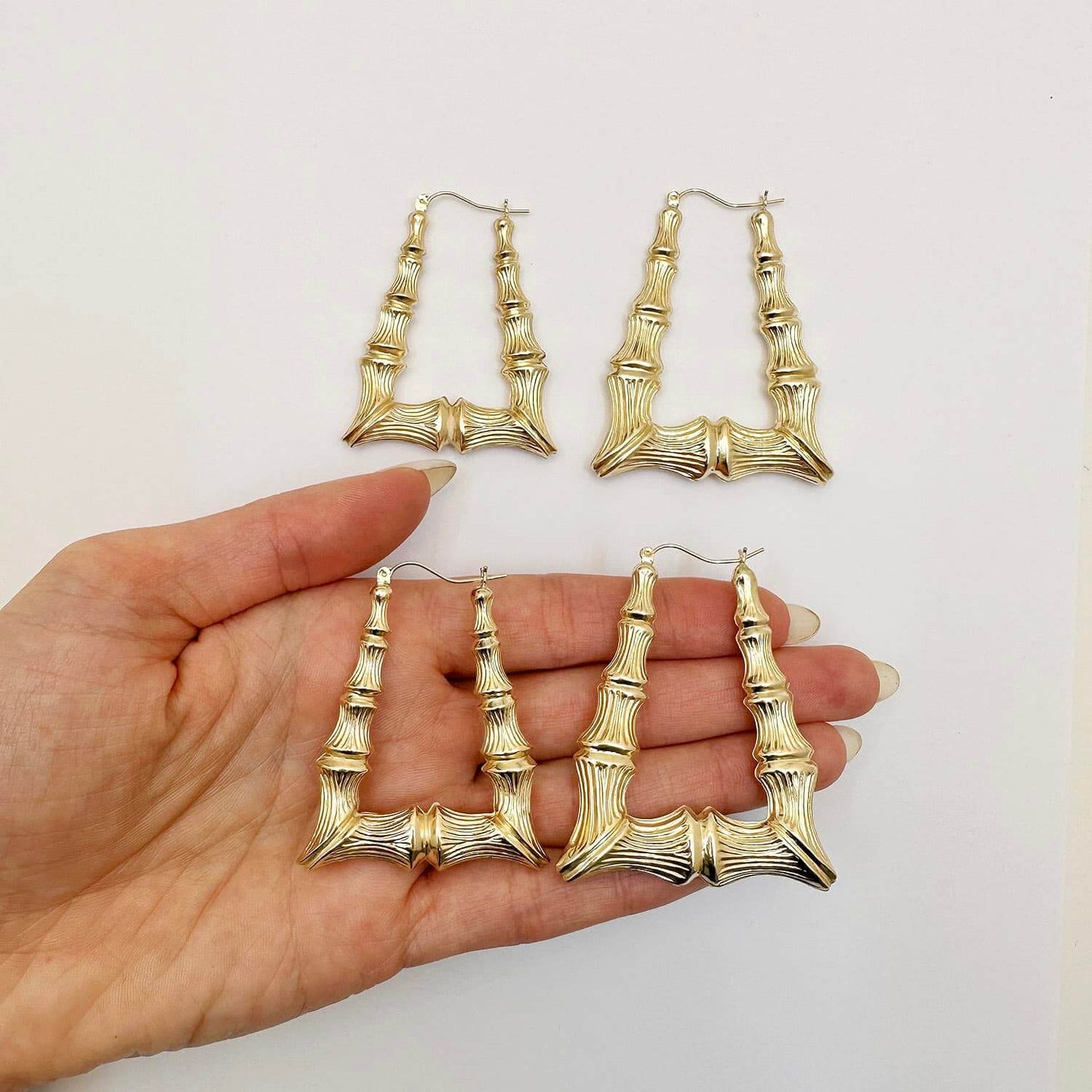 10K Yellow Gold Rectangular Bamboo Hoop Earrings 50mm-60mm