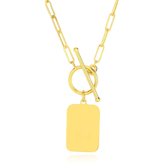 Engravable 14K Yellow Gold Tag Toggle 2.5mm Paperclip Necklace (Hollow) 18"