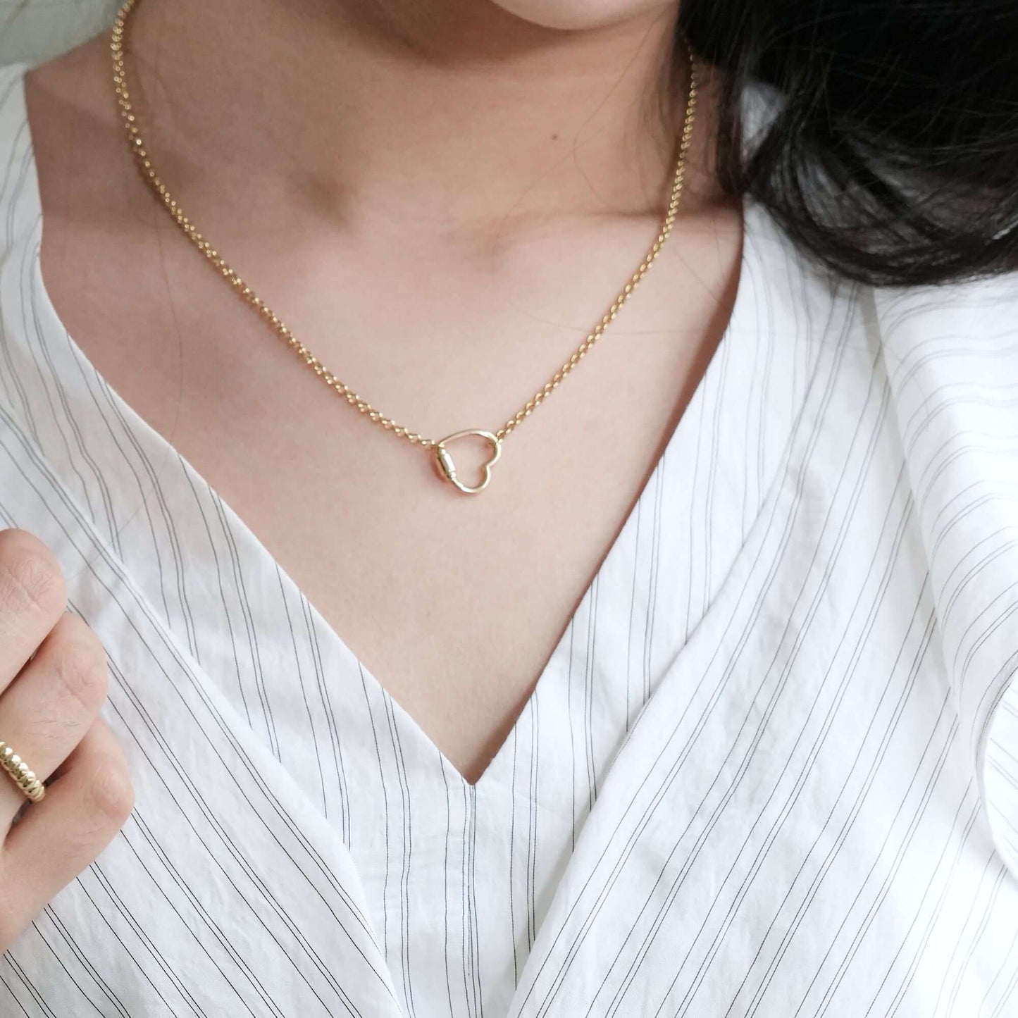14K Real Gold Carabiner Heart Pendant Rolo Necklace 18"