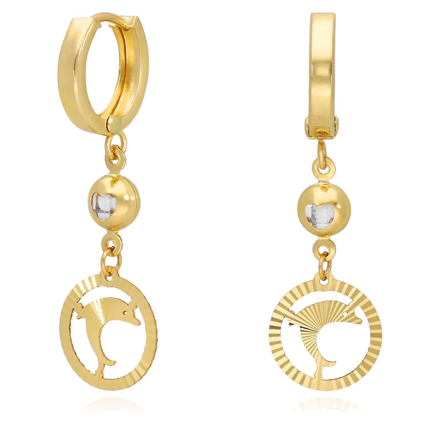 14K Yellow Gold Drop Diamond-Cut Dolphin Huggie Hoop Earrings 12mm