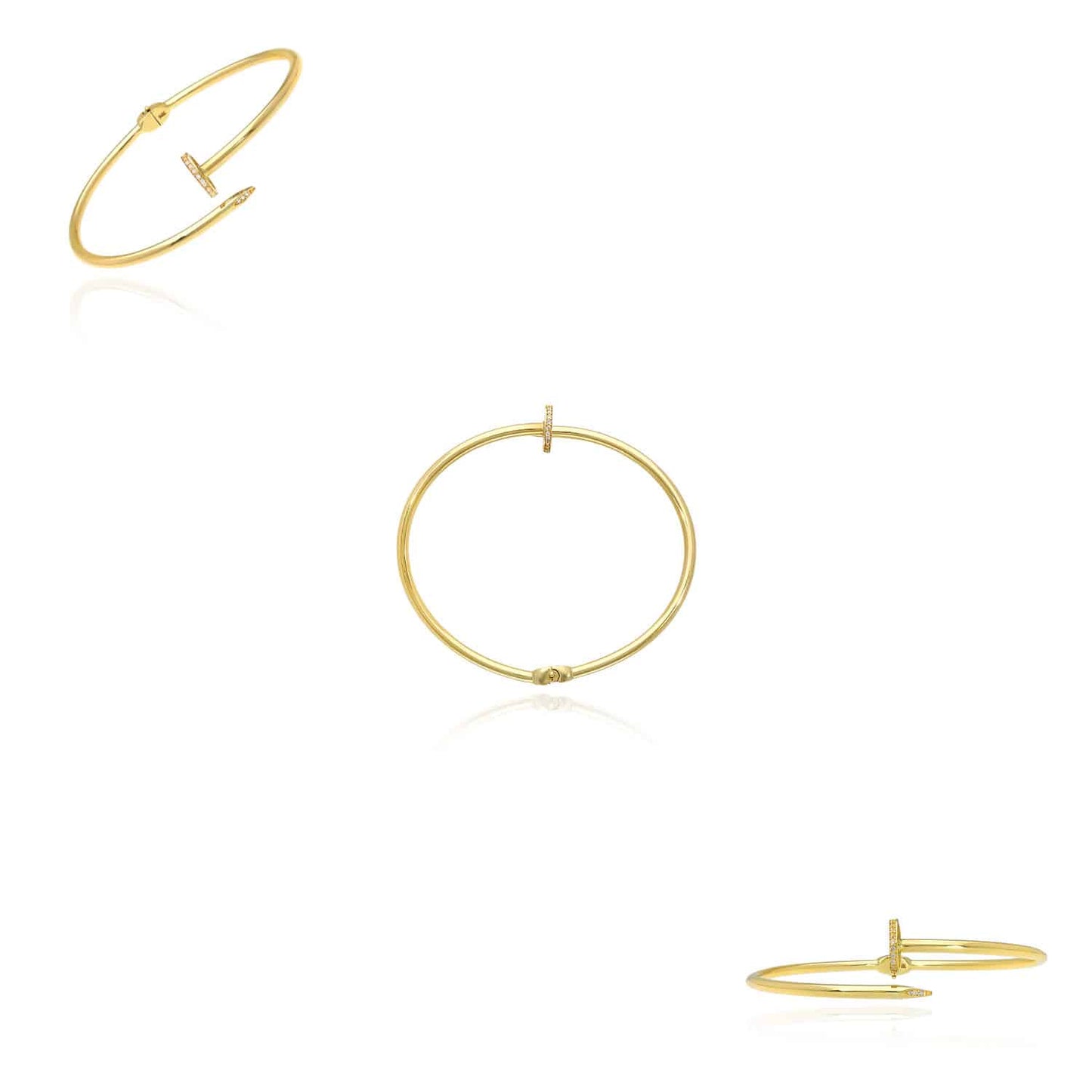 .30CTW CZ 14K Gold 3mm Nail Cuff Bangle Bracelet 6.25"-7.5"