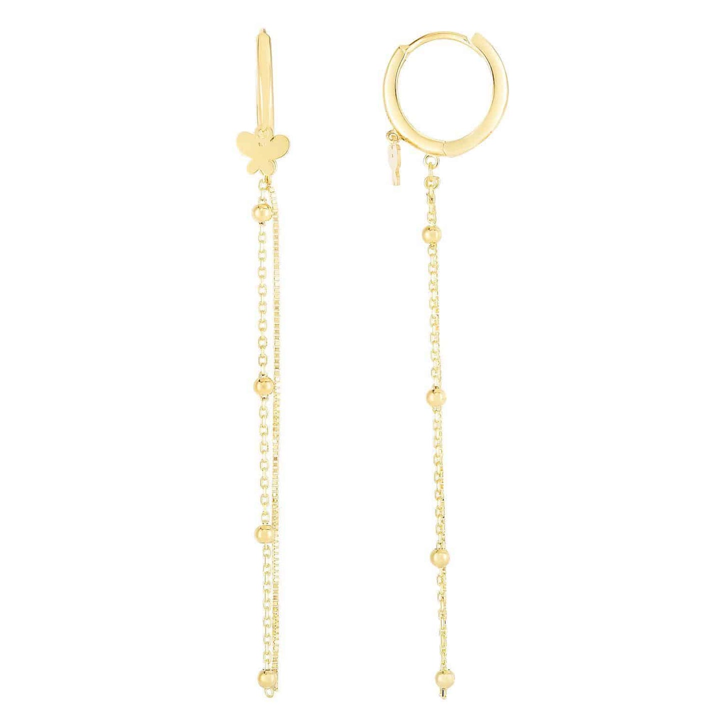 14K Yellow Gold Drop Chain Butterfly Huggie Earrings 50mm