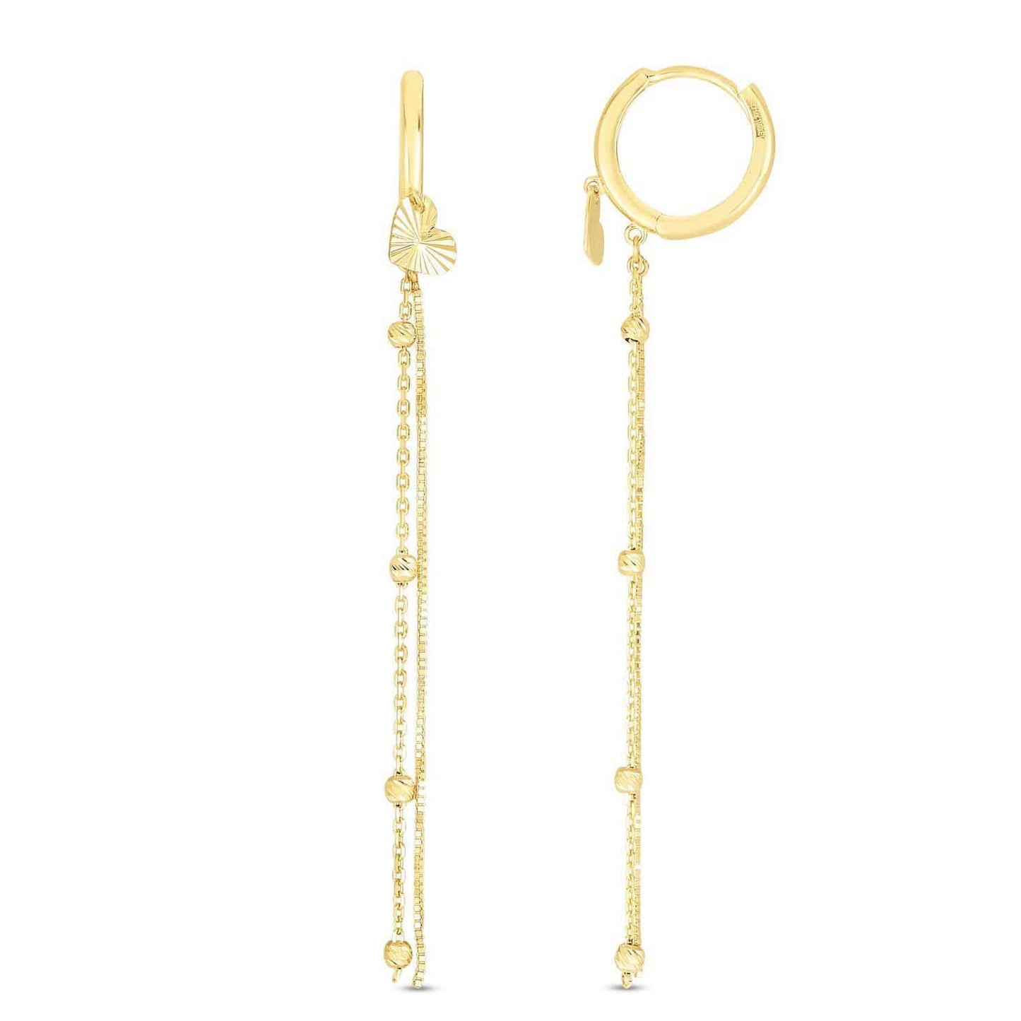 14K Yellow Gold Drop Chain Diamond-Cut Heart Huggies Earrings 50mm