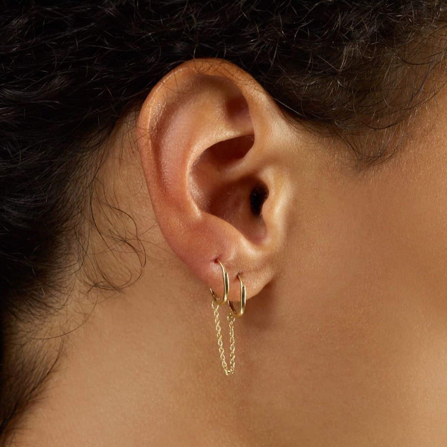 14K Yellow Gold Double Piercing Chain Huggie Hoop Earrings 12mm