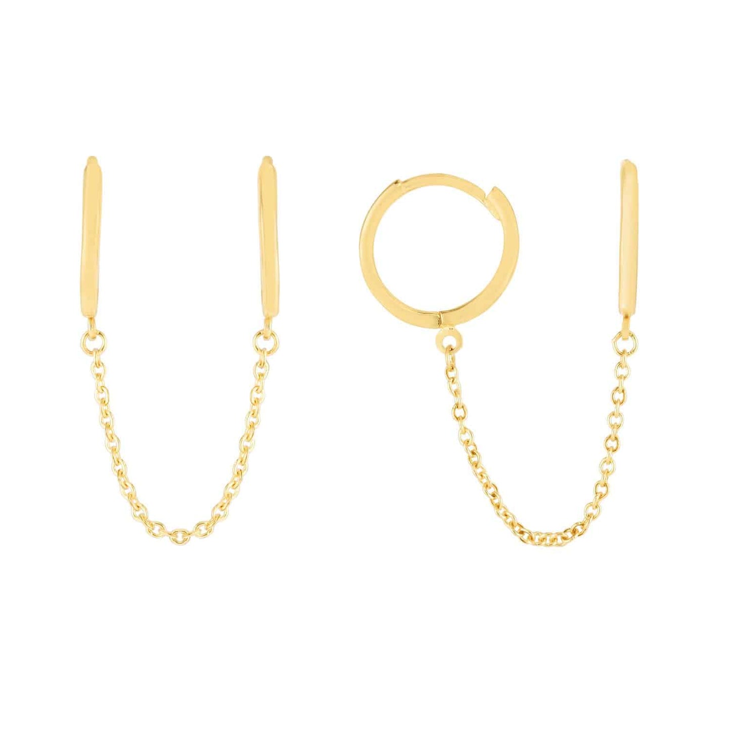 14K Yellow Gold Double Piercing Chain Huggie Hoop Earrings 12mm
