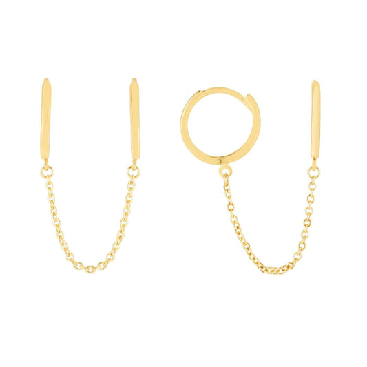 14K Yellow Gold Double Piercing Chain Huggie Hoop Earrings 12mm