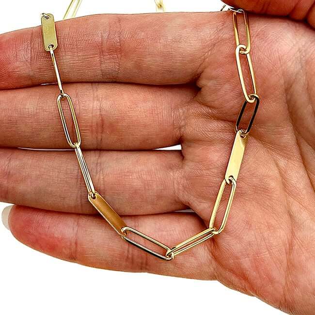 14K Yellow Gold 3.5mm Paperclip Bar Chain Necklace 18"
