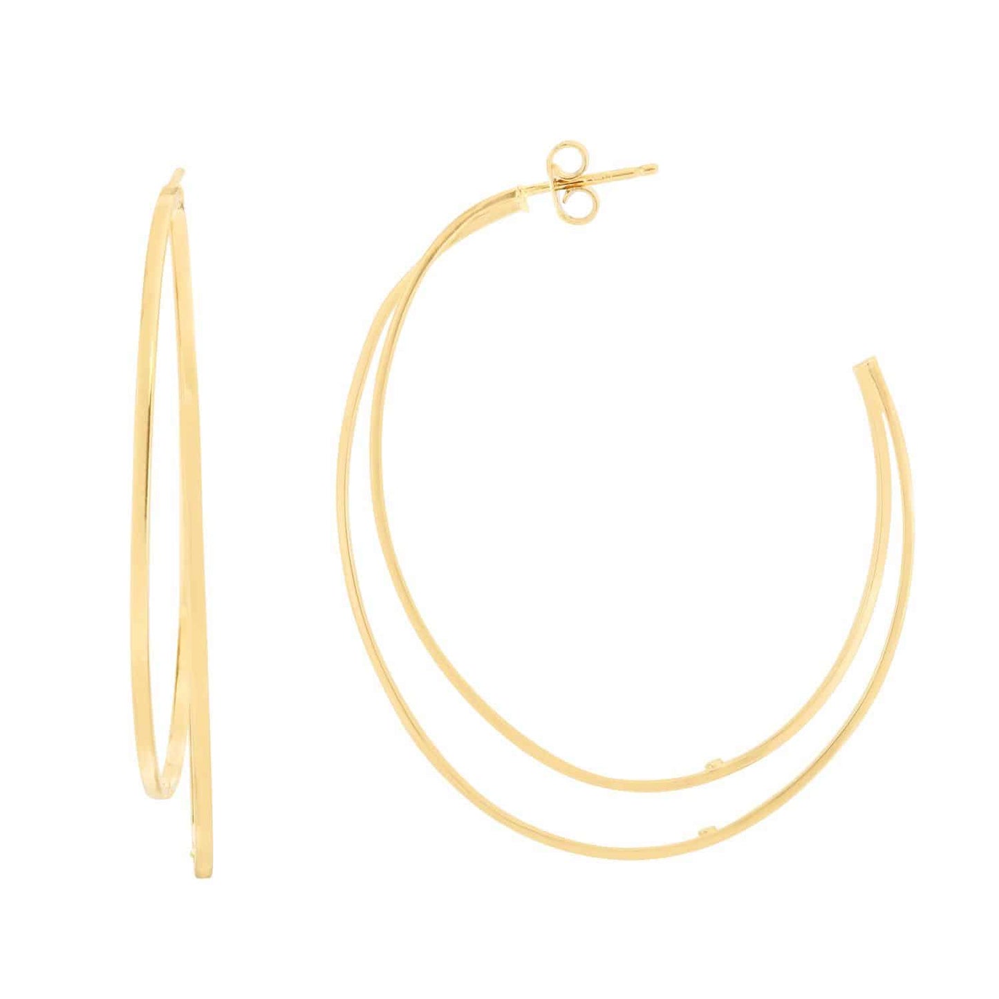 14K Yellow Gold 7mm Double Row C Hoops Post Earrings 60mm