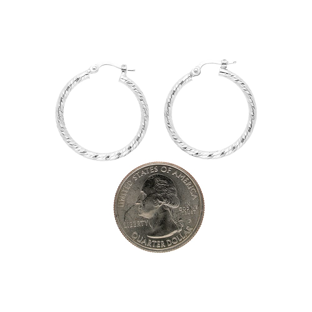 14k White Gold Twisted Pattern 3mm Thick Hinged Snapback Hoop Earrings