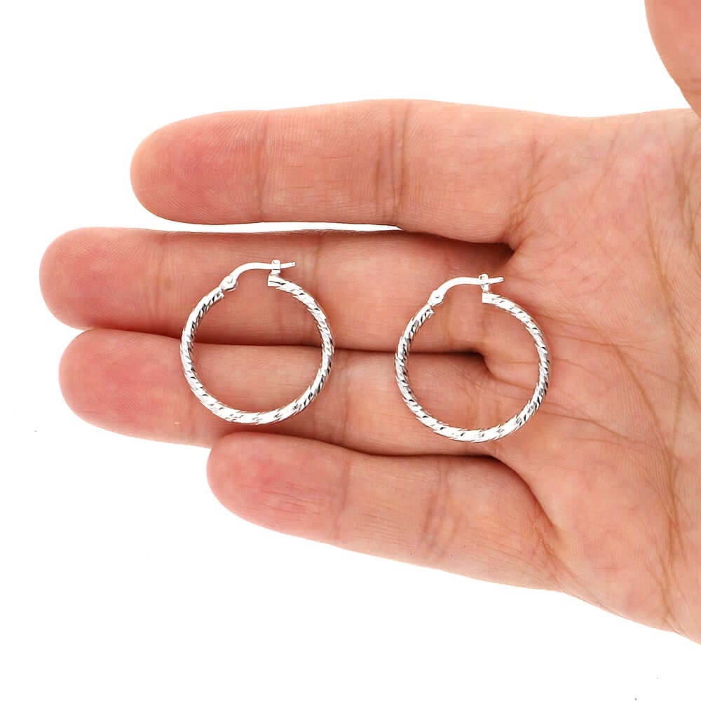 14k White Gold Twisted Pattern 3mm Thick Hinged Snapback Hoop Earrings