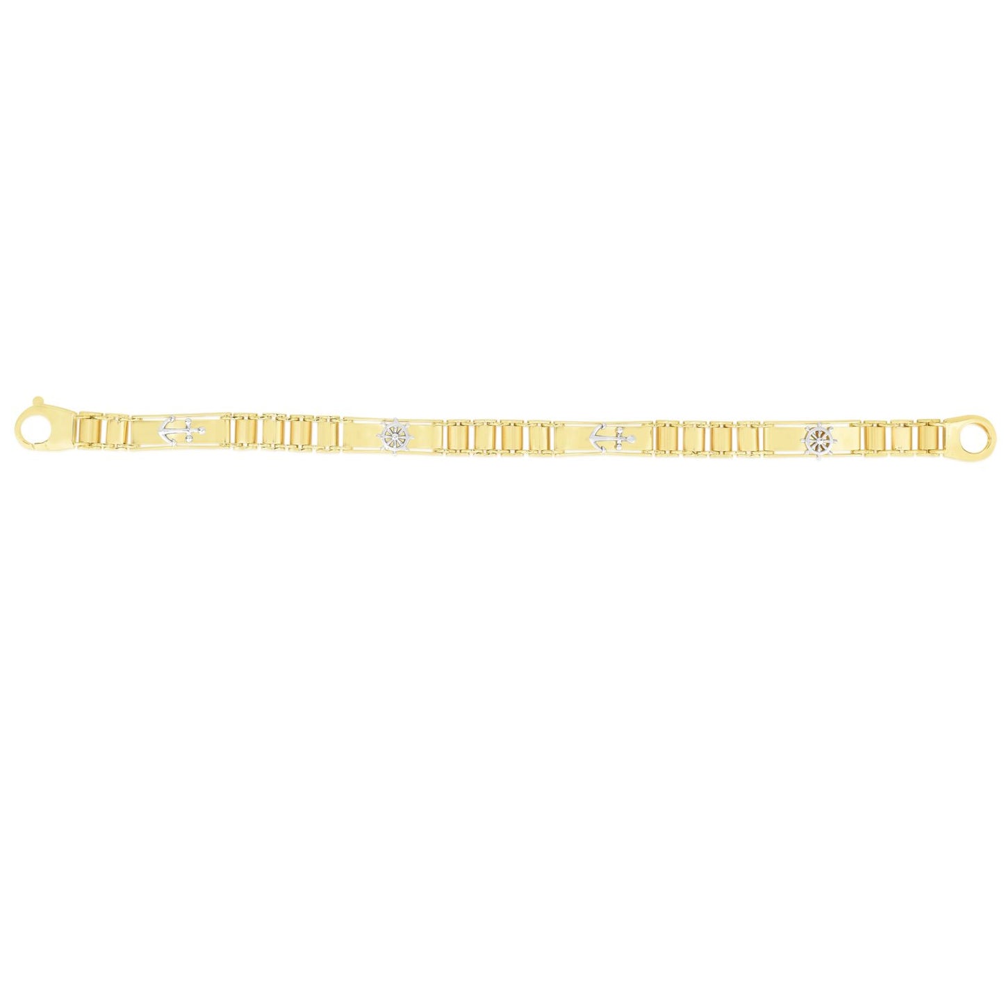 14K Gold Yellow Sailor Wheel Nautical Anchor Railroad Jubilee Men's Bracelet 8"