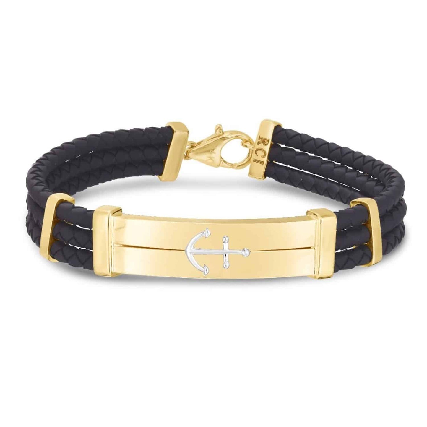 14K Gold Yellow 10mm Three-Row Braided Rubber Cord Anchor Men's Bracelet 8"