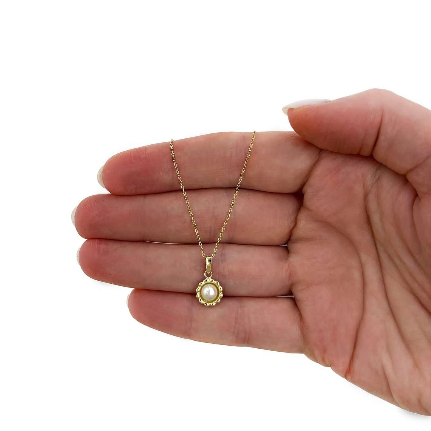 14K Yellow Gold .8mm Cable Chain 16-18" Flower Bezel Pearl Pendant 0.6"