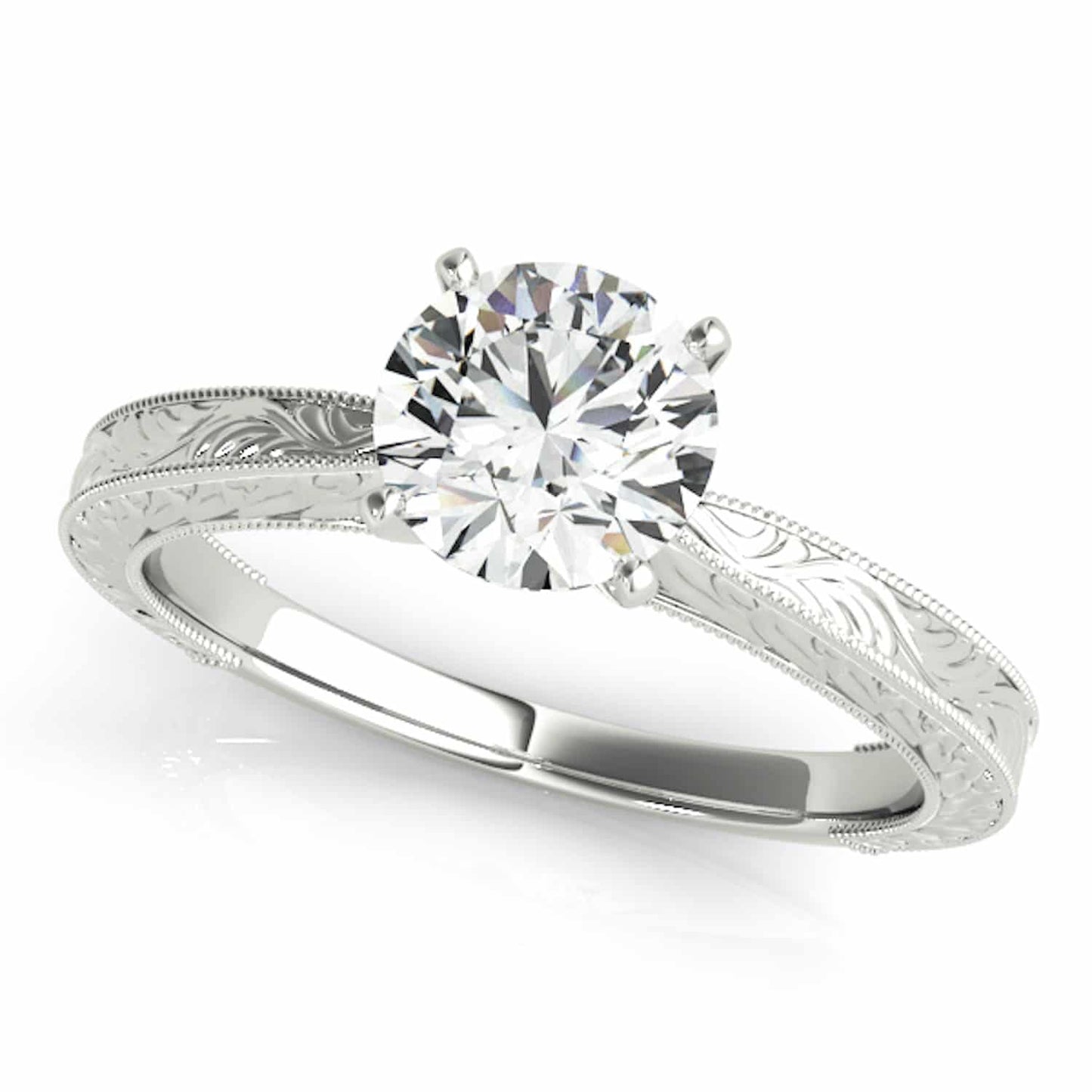 1CT Round Real Moissanite Antique Style 18K Gold White Engagement Ring