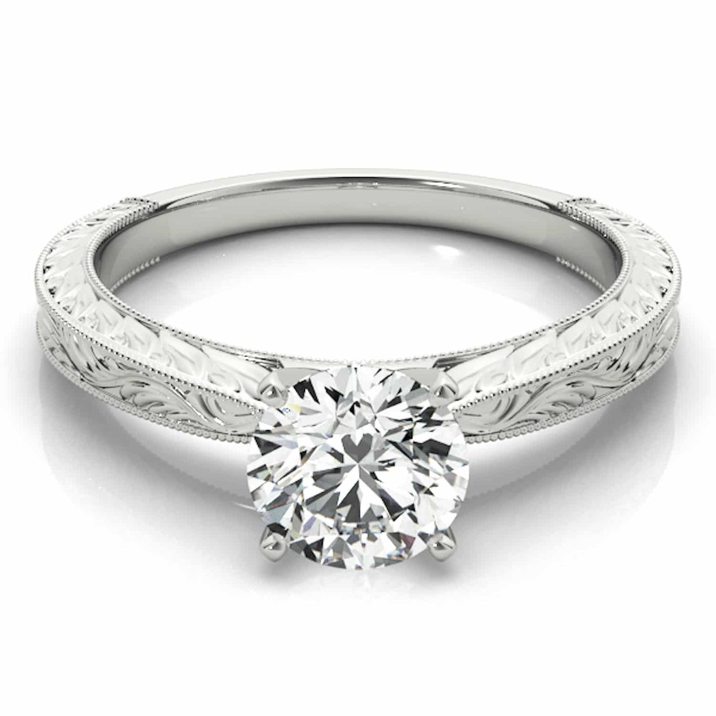 1CT Round Real Moissanite Antique Style 18K Gold White Engagement Ring