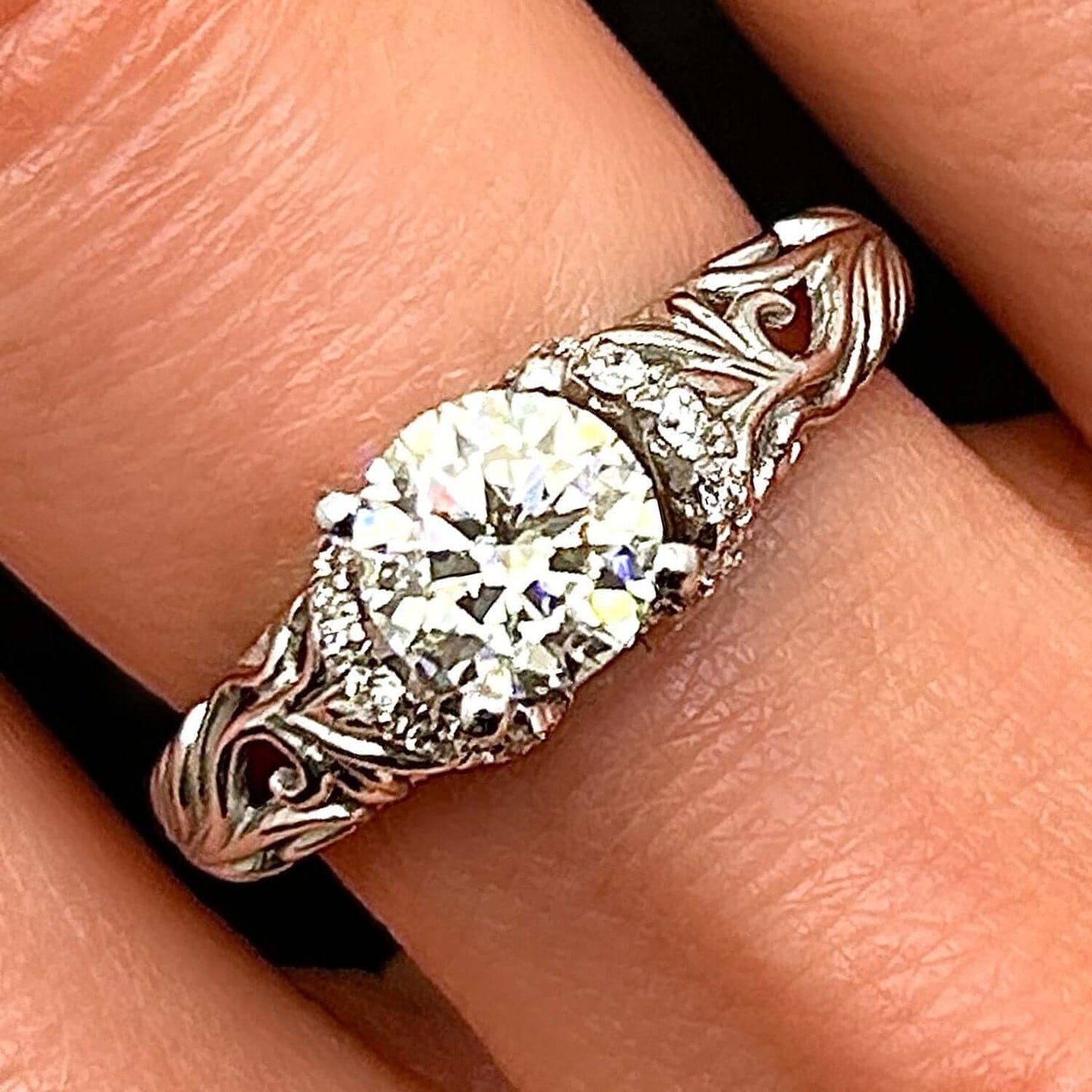 1.20CTW Real Diamond and Moissanite 18K White Gold Filigree Engagement Ring