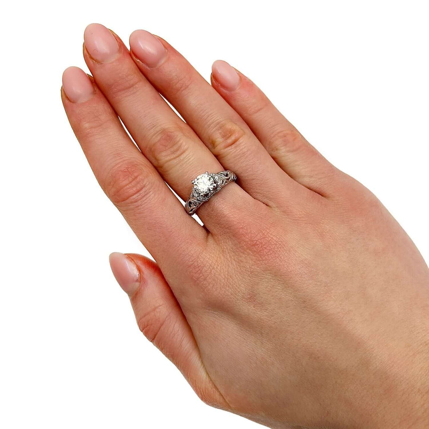 1.20CTW Real Diamond and Moissanite 18K White Gold Filigree Engagement Ring