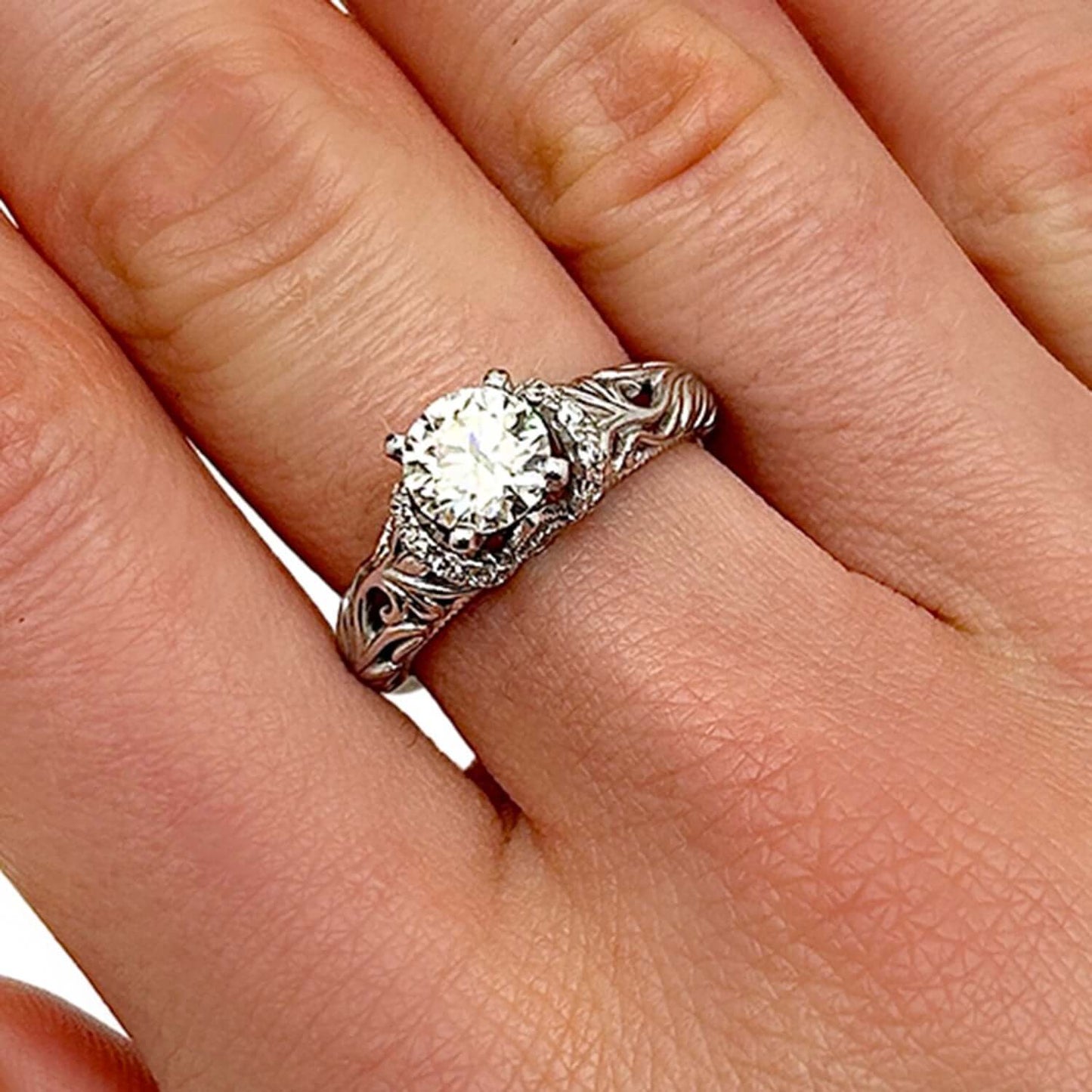1.20CTW Real Diamond and Moissanite 18K White Gold Filigree Engagement Ring
