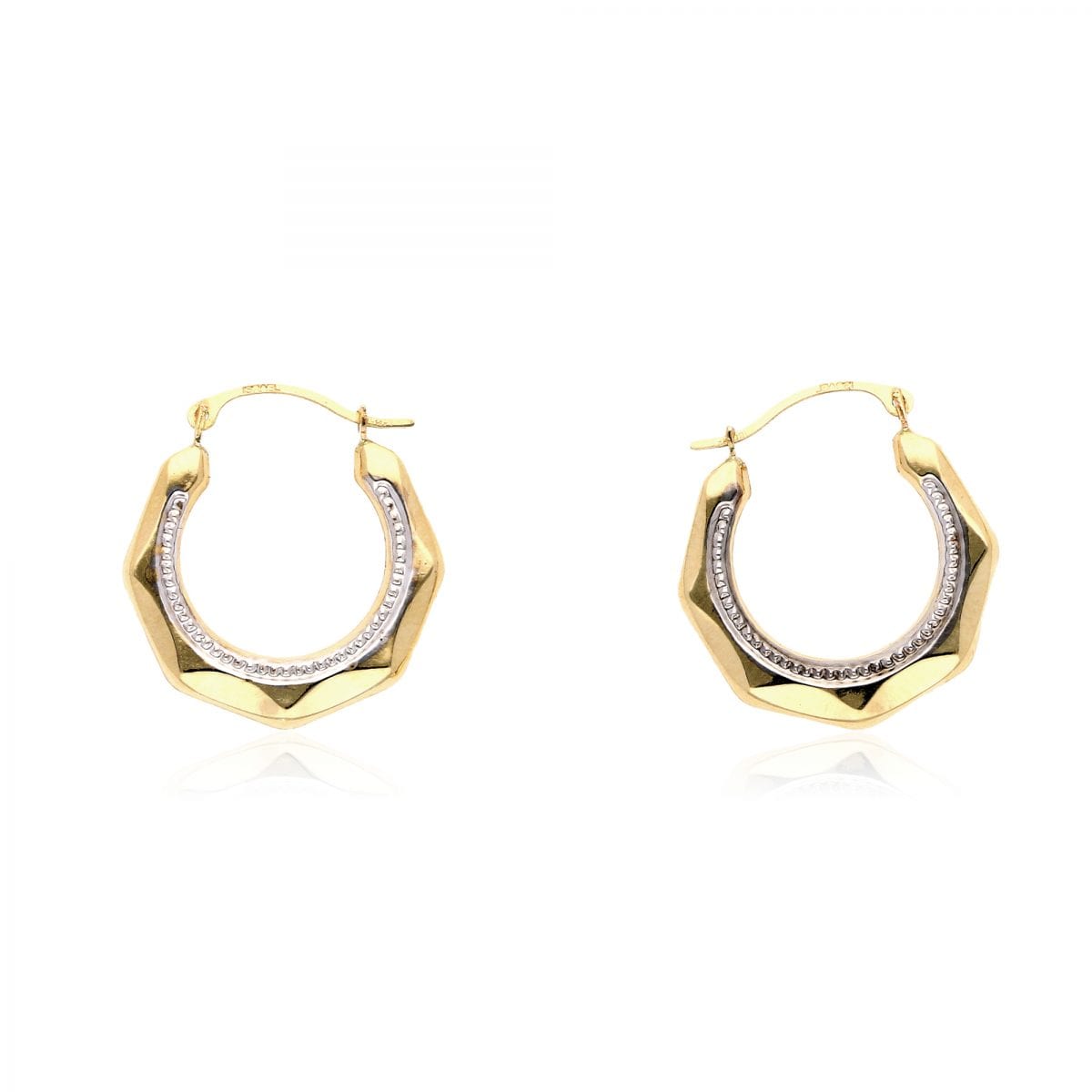 14K Gold Yellow White Milgrain Creole Style Hinged Snapback Hoop Earrings