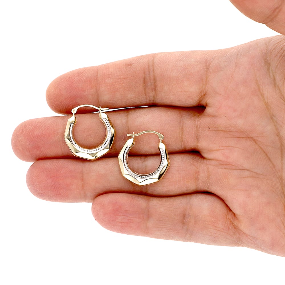 14K Gold Yellow White Milgrain Creole Style Hinged Snapback Hoop Earrings