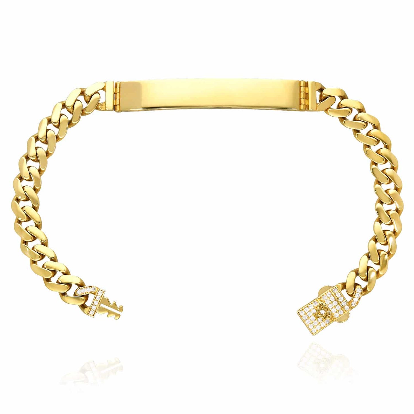 14K Gold Yellow 7mm Miami CZ Pave Clasp ID Bar Bracelet 7.25"
