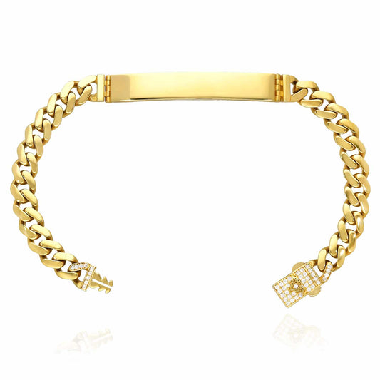 14K Yellow Gold 7mm Miami CZ Pavé Clasp ID Bar Bracelet (Hollow) 7.25"
