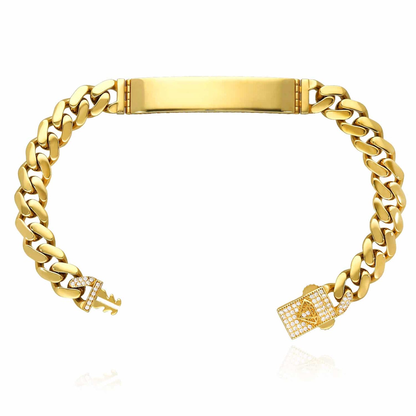 14K Yellow Gold 9mm Miami CZ Pave Clasp ID Bar Bracelet (Hollow) 8"