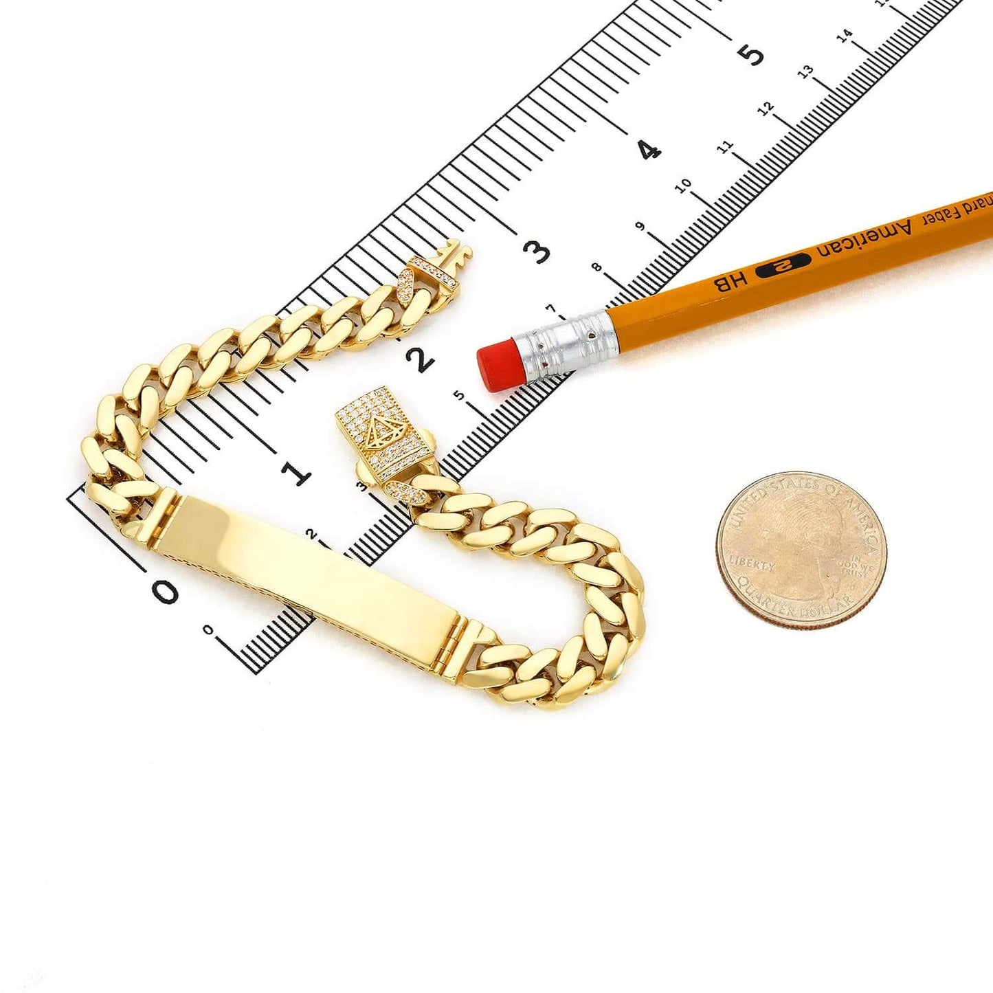 14K Yellow Gold 9mm Miami CZ Pave Clasp ID Bar Bracelet (Hollow) 8"