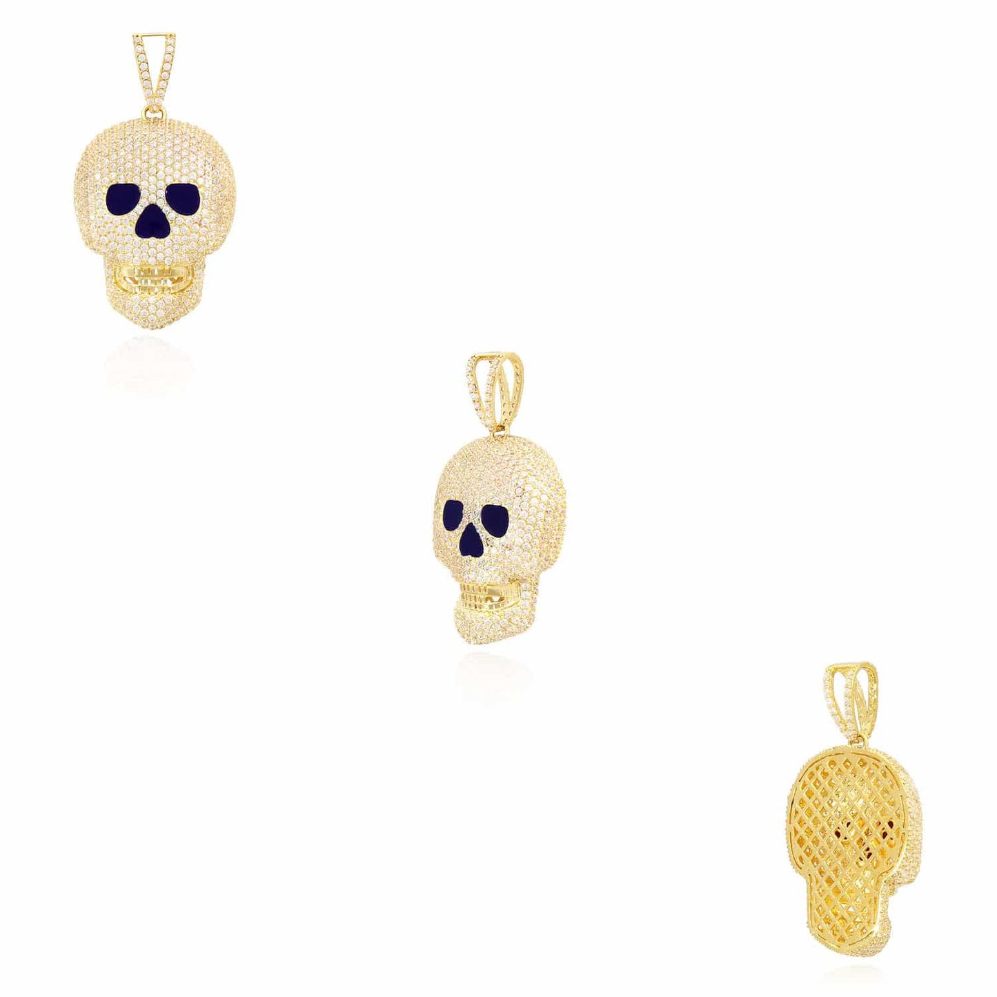 14K Yellow Gold CZ Pave Iced Out Classic Skull Charm Pendant 1.6"