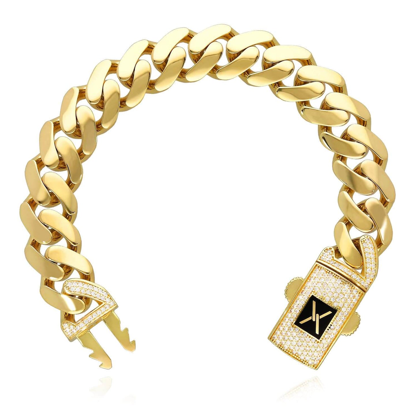 10K Gold Yellow 14mm Hollow Miami CZ Pave Box Clasp Bracelet 8"