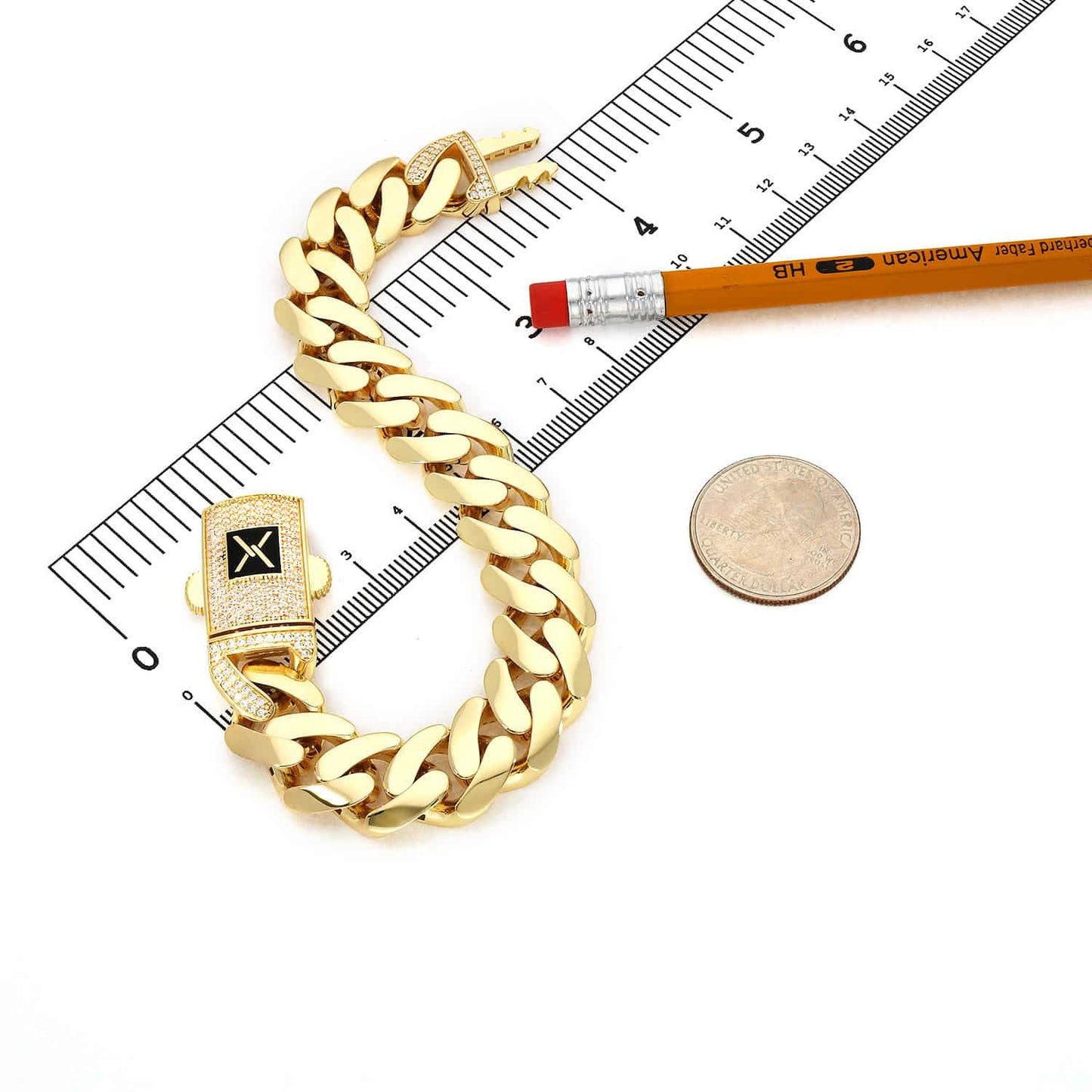10K Gold Yellow 14mm Hollow Miami CZ Pave Box Clasp Bracelet 8"