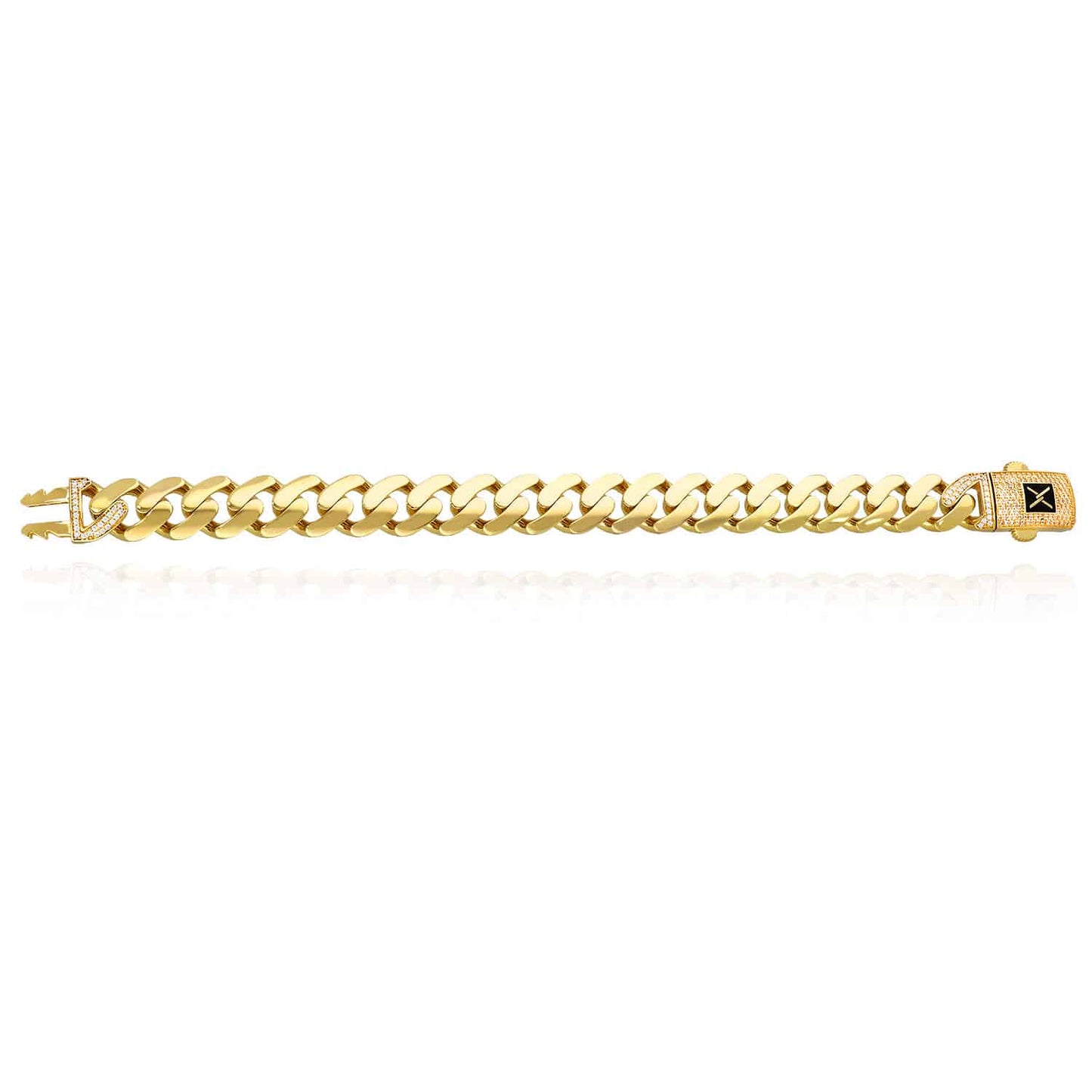 10K Gold Yellow 13mm Hollow Miami CZ Pave Box Clasp Bracelet 8.5"