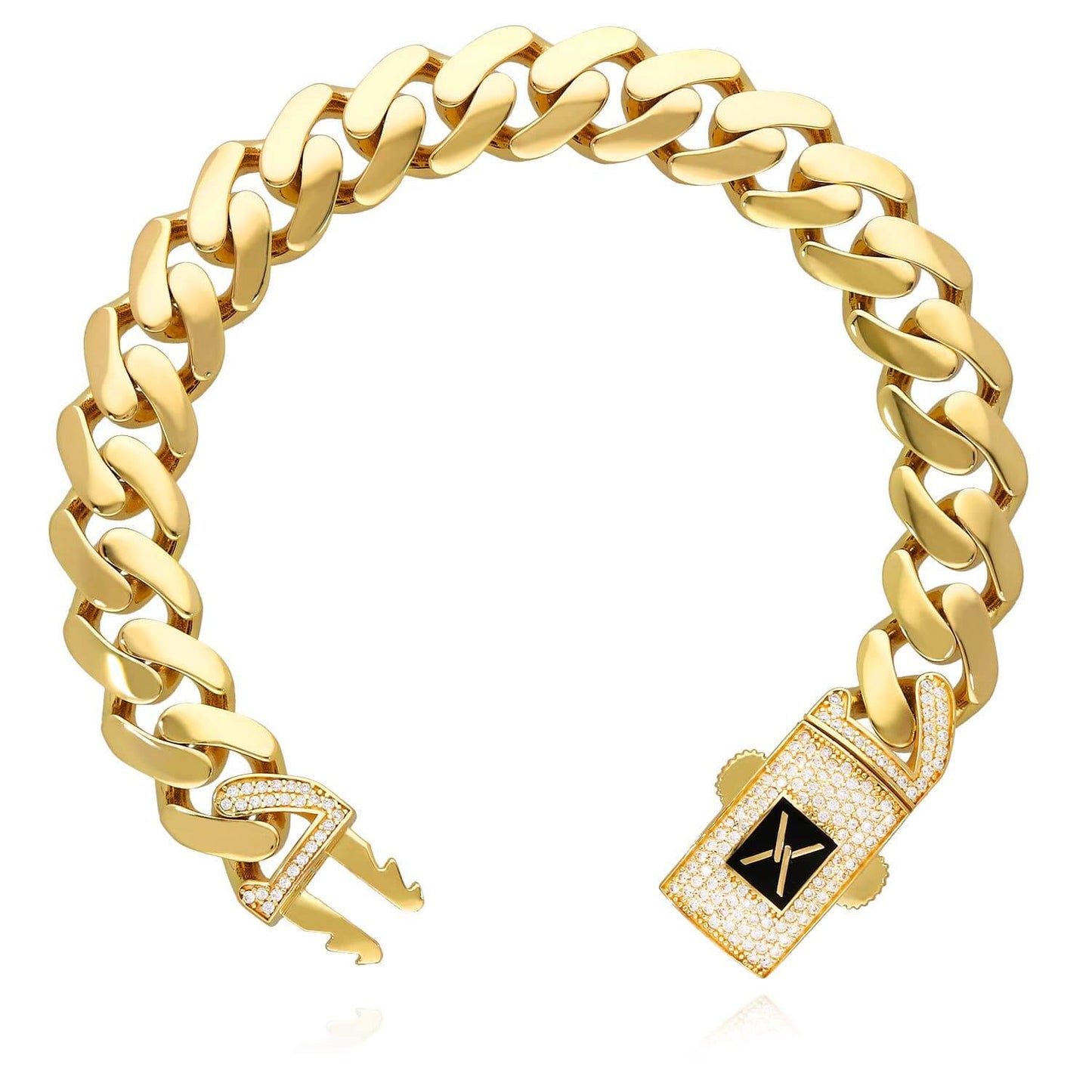 10K Gold Yellow 13mm Hollow Miami CZ Pave Box Clasp Bracelet 8.5"