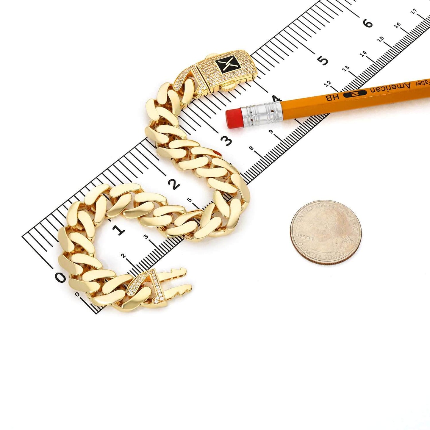 10K Gold Yellow 13mm Hollow Miami CZ Pave Box Clasp Bracelet 8.5"