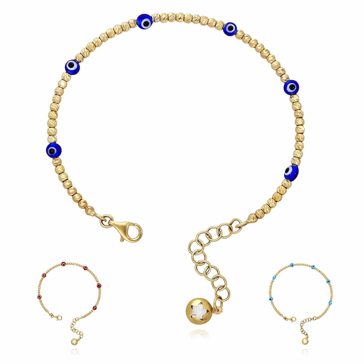 14K Gold Diamond-Cut Ball Beaded Evil Eye Bangle Bracelet 6.25"-7.5" Adjustable