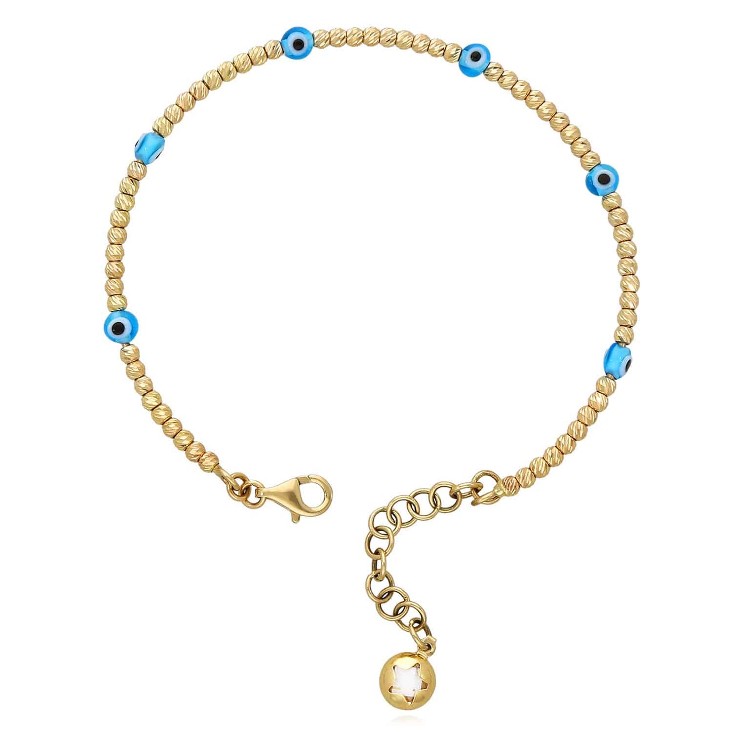 14K Gold Diamond-Cut Ball Beaded Evil Eye Bangle Bracelet 6.25"-7.5" Adjustable