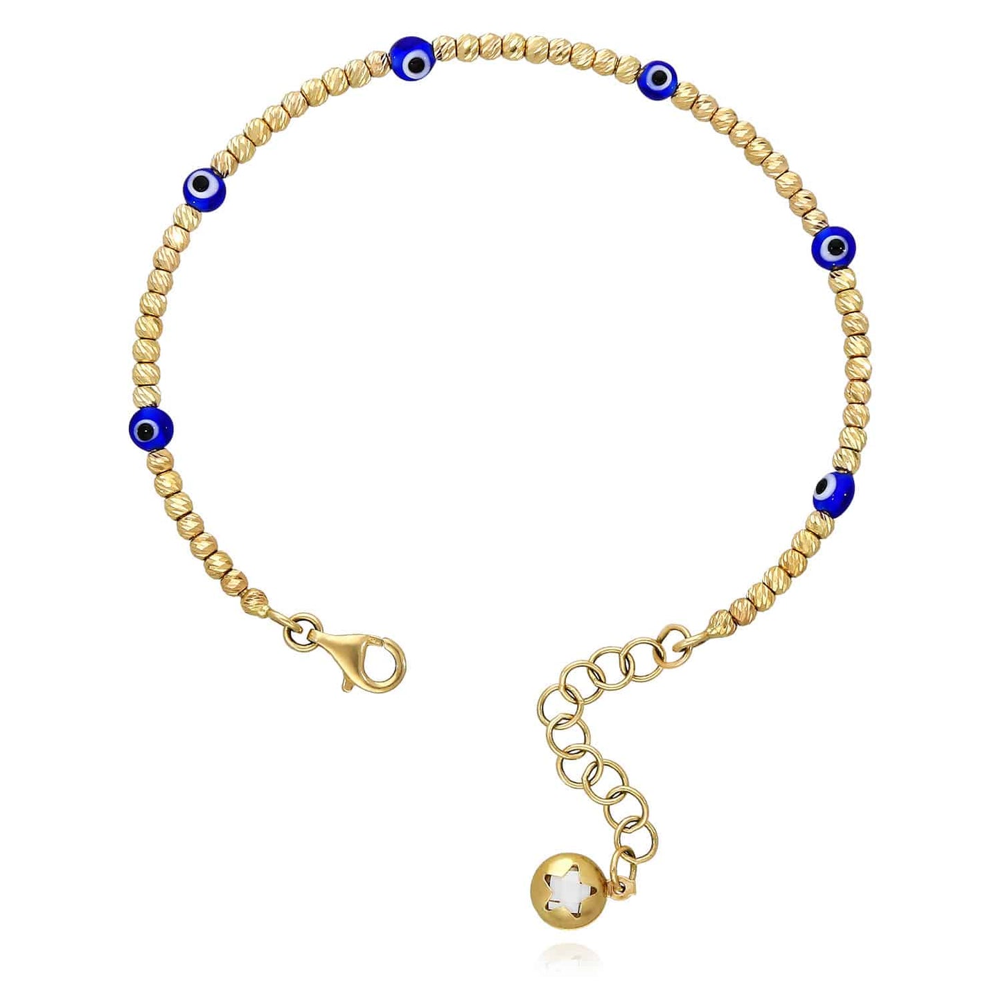 14K Gold Diamond-Cut Ball Beaded Evil Eye Bangle Bracelet 6.25"-7.5" Adjustable