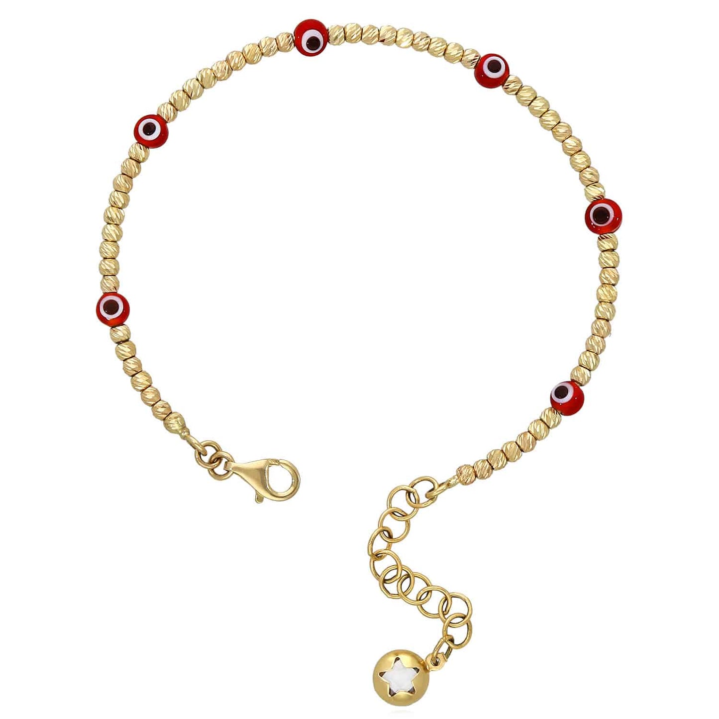 14K Gold Diamond-Cut Ball Beaded Evil Eye Bangle Bracelet 6.25"-7.5" Adjustable