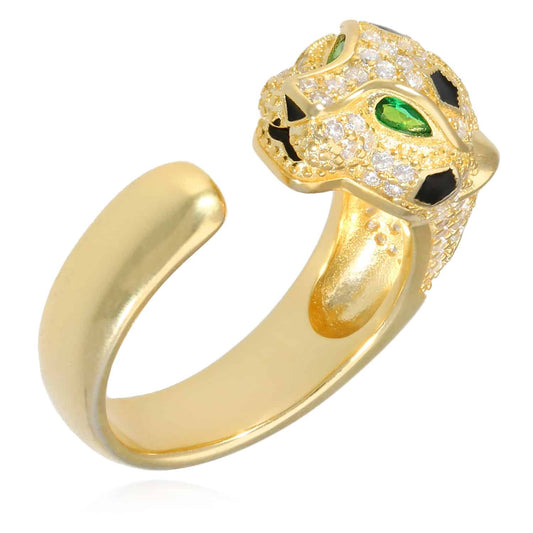 1.30CTW CZ 18k Gold Over Silver Emerald Eyes Panther Open Ring