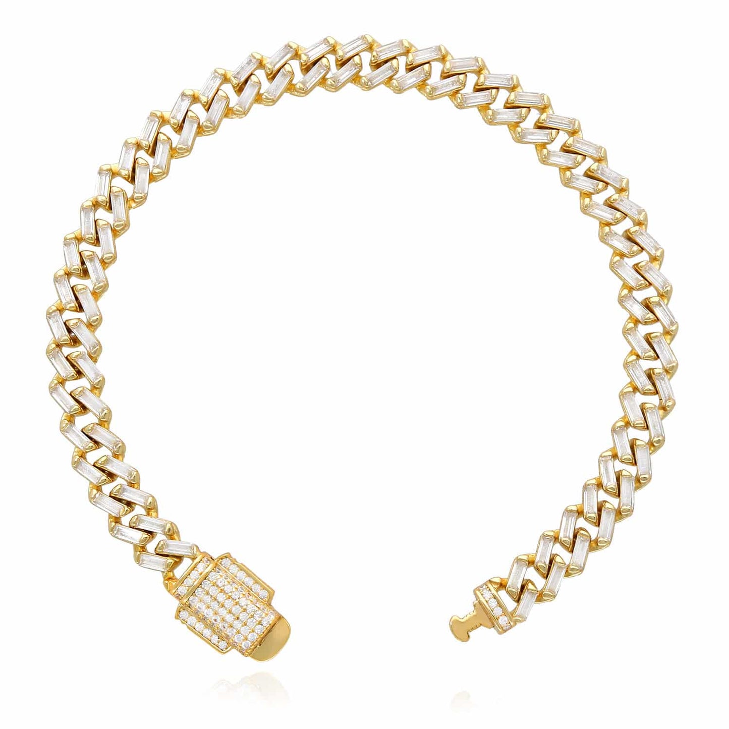 18K Yellow Gold Over Silver 7mm Miami Cuban Baguette CZ Bracelet