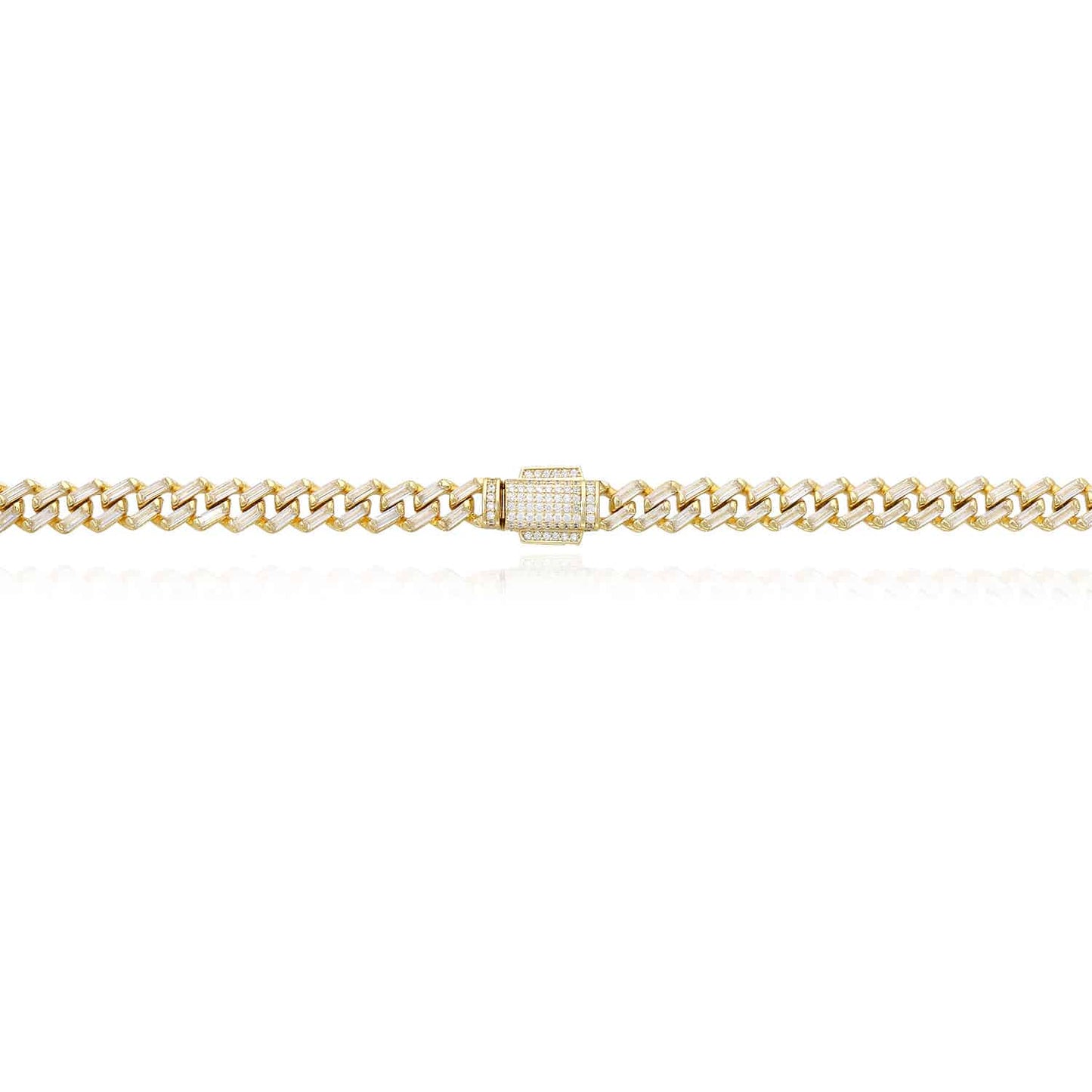 18K Yellow Gold Over Silver 7mm Miami Cuban Baguette CZ Necklace
