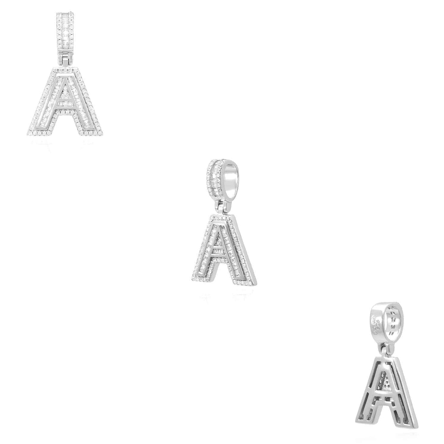 18K White Gold Over Silver CZ Initial Letter Charm Pendant 1.2"