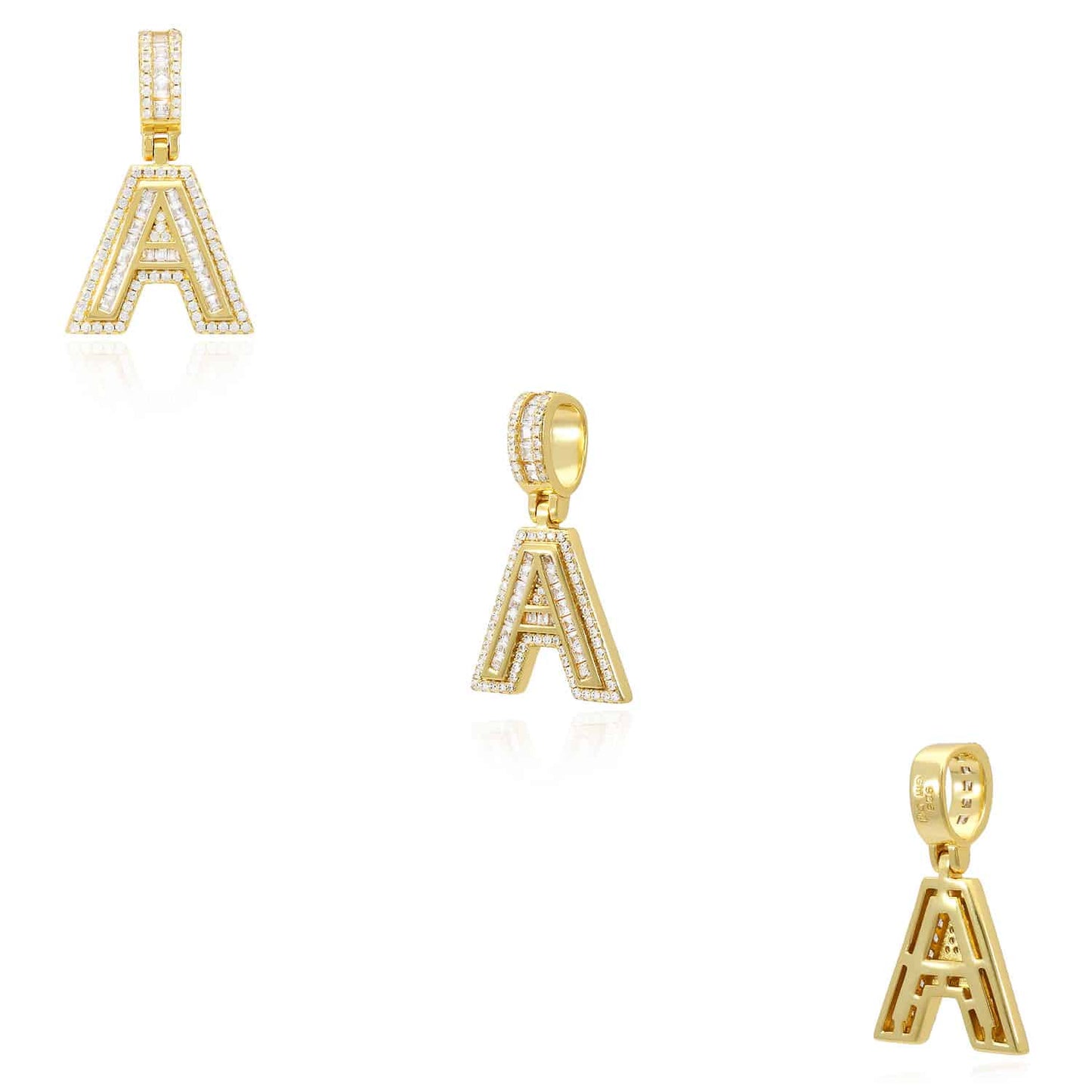 18K Yellow Gold Over Silver CZ Initial Letter Charm Pendant 1.2"