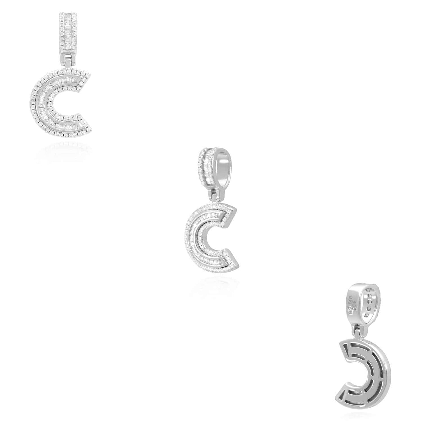 18K White Gold Over Silver CZ Initial Letter Charm Pendant 1.2"