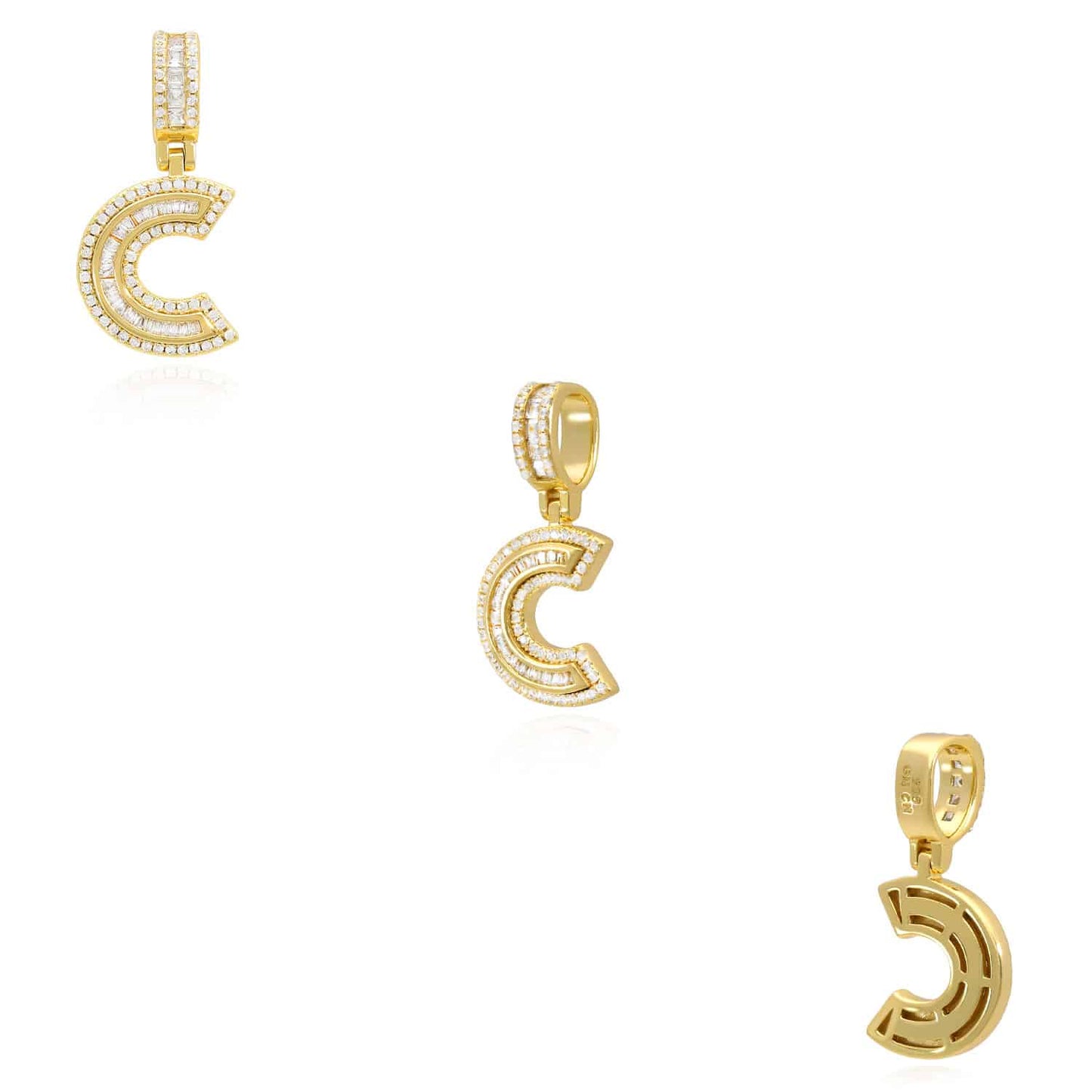 18K Yellow Gold Over Silver CZ Initial Letter Charm Pendant 1.2"