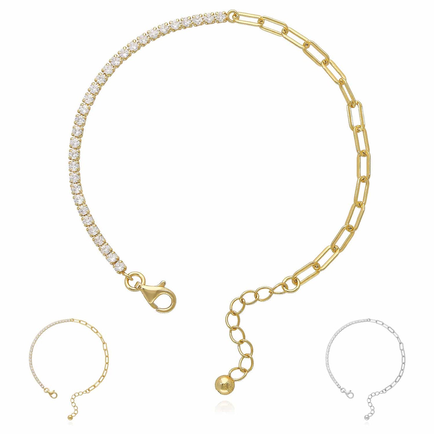 18K Gold Over Silver CZ Paperclip Tennis Bracelet 6.5-7.5" Adjus.