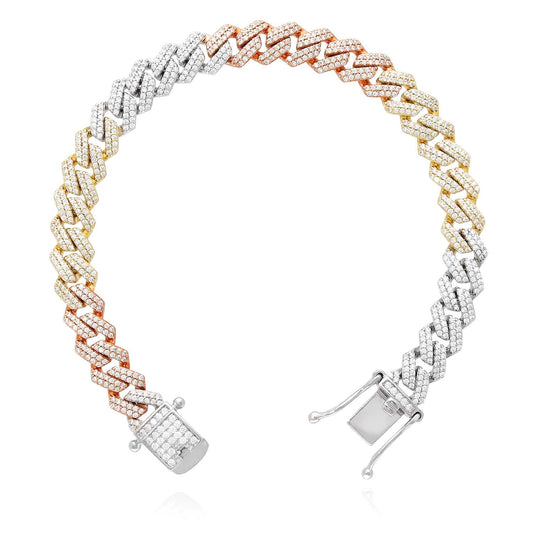 Tri-Color Gold Over Silver 8.5mm Miami Cuban CZ Bracelet (Solid Links) 7"-9"
