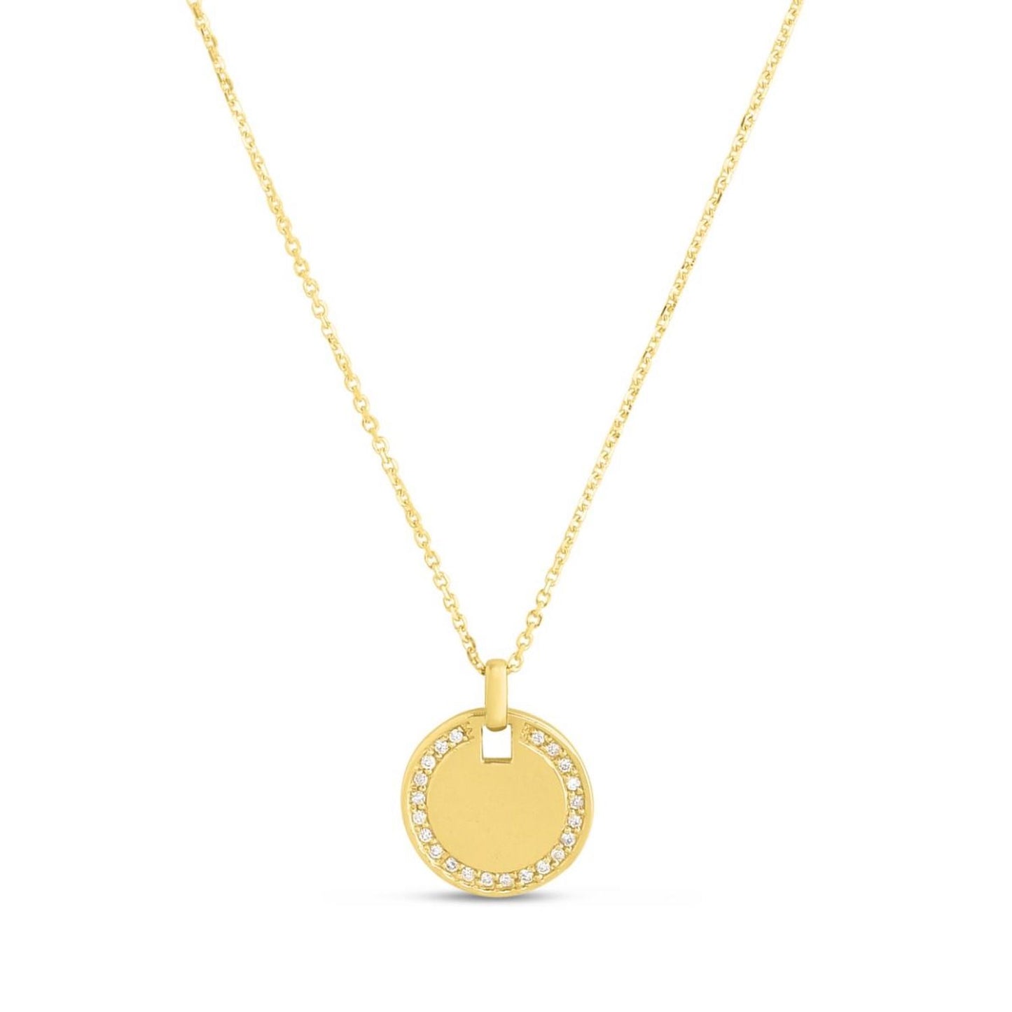 0.10CTW Real Diamond 14K Yellow Gold Round Tag Pendant Necklace 16"-18" Adjus