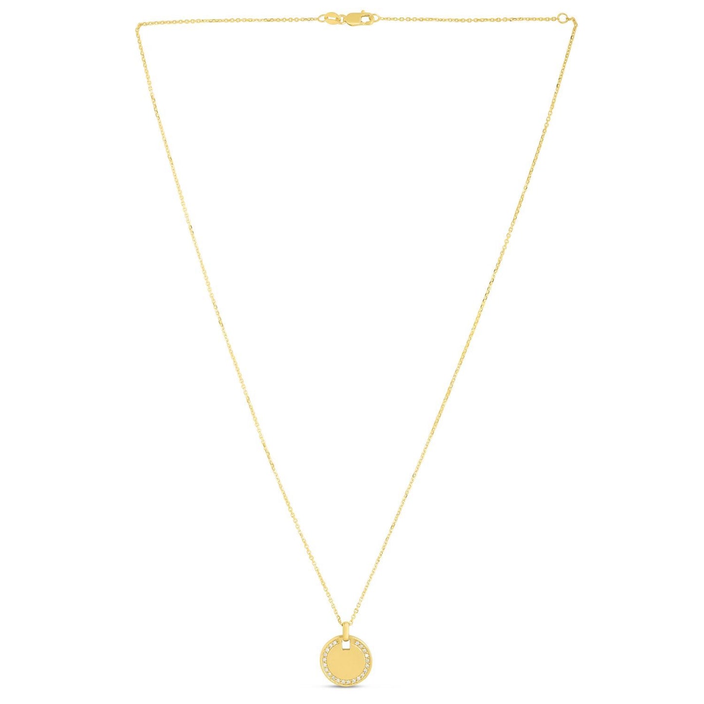 0.10CTW Real Diamond 14K Yellow Gold Round Tag Pendant Necklace 16"-18" Adjus