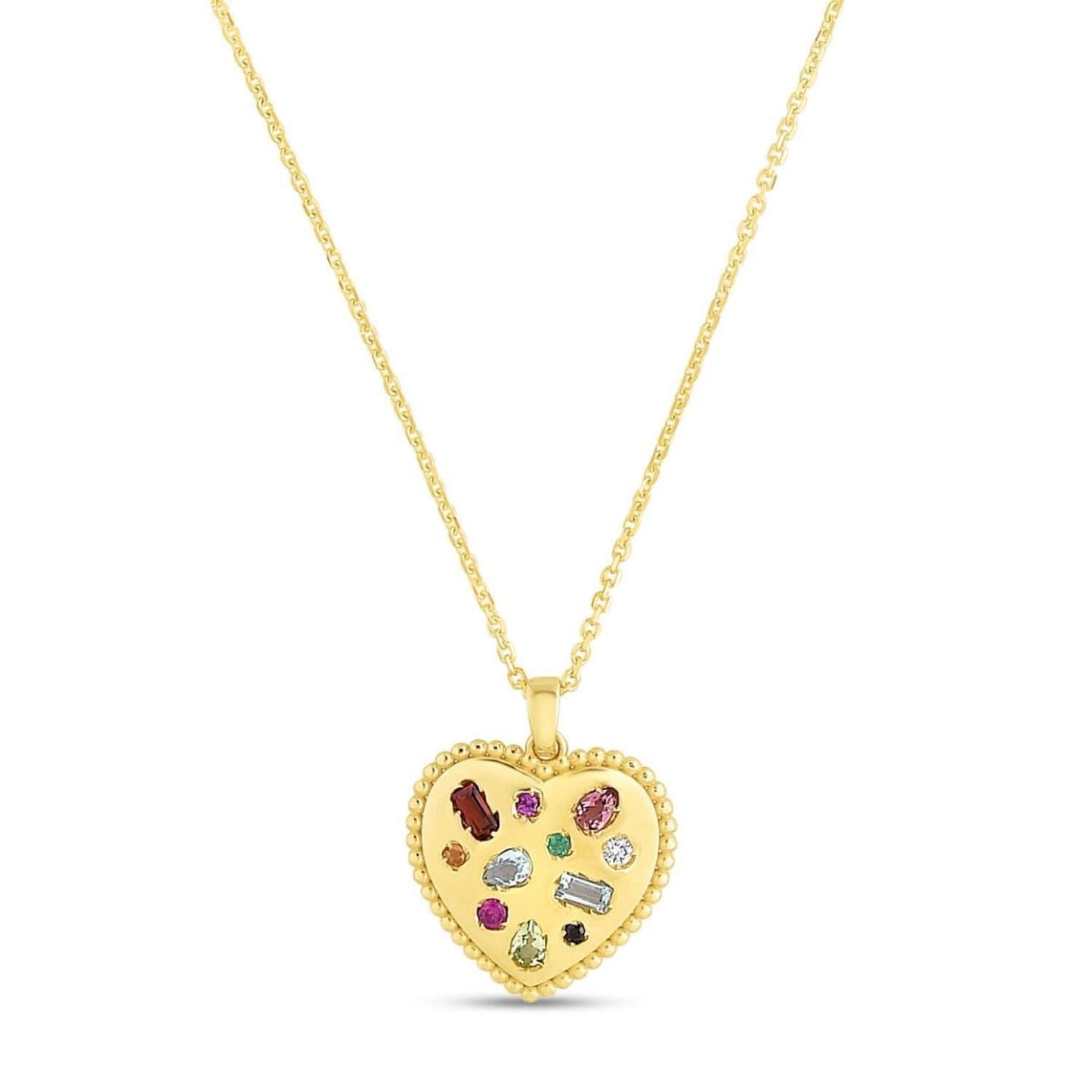 0.02CT Real Diamond 14K Yellow Gold Gemstone Inlay Heart Necklace 16"-18" Adj